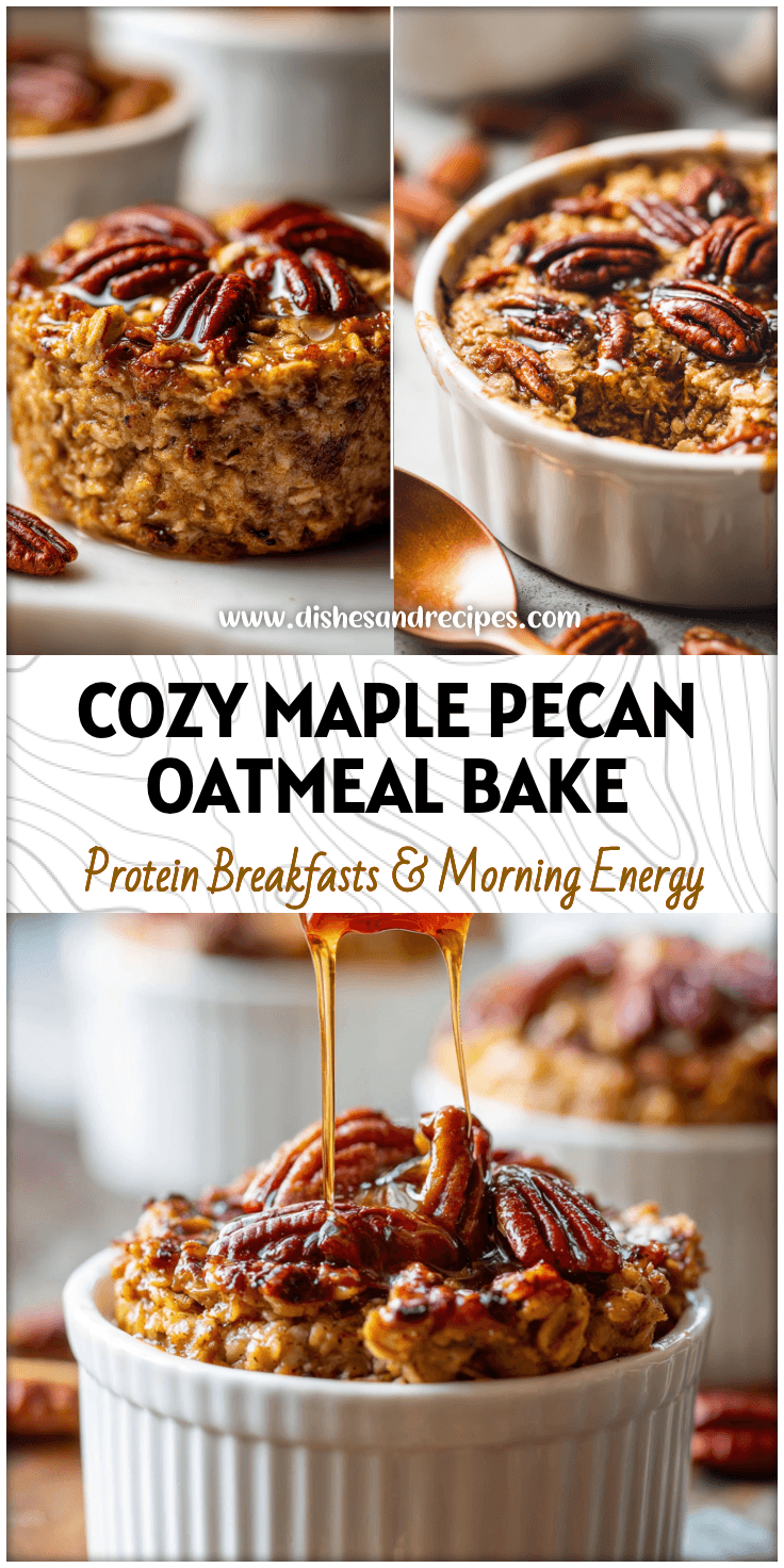 A golden baked dish of Maple Pecan Pie Oatmeal topped with toasted pecans and warm maple drizzle.